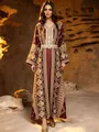 Elegant burgundy kaftan dress with intricate gold embroidery and matching waist belt. - Red
