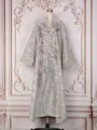 Elegant gray V-neck long dress featuring intricate silver sequin and bead embroidery details - S / Dresses / Gray