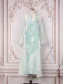 Close-up of elegant ethnic style caftan dress with intricate leaf embroidery and sequins - S / Dresses / Light Blue