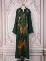 Detailed view of dark green kaftan dress with gold butterfly sequin embroidery - S / Dresses / Dark Green