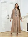 Full length view of ethnic mesh maxi dress with beaded embroidery and sequins detail. - S / Dresses / Brown