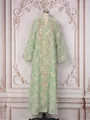 Elegant green mesh maxi dress with intricate floral embroidery and shimmering sequins detail - S / Dresses / Light Green