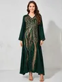 Detailed front view of an elegant dark green maxi dress with gold sequin patterns. - S / Dresses / Dark Green