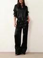 Conjunto minimalista de satén negro de dos piezas con camisa de manga larga y pantalón - XS / Top Y Pantalón / Negro