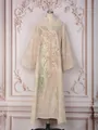 Detailed view of elegant V-neck kaftan dress with intricate green and gold sequin beadwork - S / Dresses / Apricot