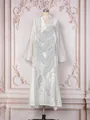 Detailed view of white elegant long dress with grey leaf sequin embroidery - S / Dresses / Gray