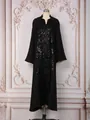 Detail showing heavy butterfly sequin embroidery on an elegant black party dress. - Black / L