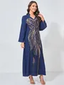 Elegant navy blue maxi dress featuring intricate gold sequins and floral applique - S / Dresses / Blue