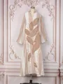 Elegant ethnic kaftan dress with beaded leaf pattern and stylish striped fabric details - S / Dresses / Brown