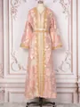 Elegant pink and gold long party dress with heavy floral embroidery and beadwork detail - S / Dresses / Pink