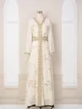 Elegant cream ethnic maxi dress with intricate gold foil floral patterns and embroidery - L / Dresses / White