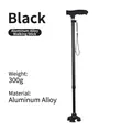 Black lightweight aluminum alloy walking cane with four-prong base and wrist strap - Black
