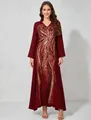 Elegant burgundy ethnic long dress with gold sequins and intricate embroidery detail - Red
