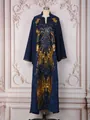 Detail of heavy gold sequin butterfly embroidery on elegant navy blue party dress. - S / Dresses / Dark Blue