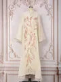 Full view of cream elegant banquet dress with rose gold sequin floral applique - S / Dresses / Apricot