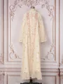 Detailed view of cream embroidered mesh maxi dress with gold sequins and beads - S / Dresses / Apricot