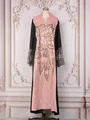 Élégante robe longue rose et noire ornée de motifs floraux en paillettes dorées - S / Robes / Rose