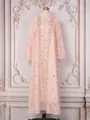 Close-up detail of elegant pink mesh maxi dress featuring floral sequin and bead embroidery. - S / Dresses / Pink