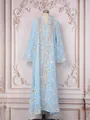 Elegant light blue mesh kaftan with gold floral embroidery and sequins on mannequin - S / Dresses / Light Blue