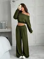 Detailed view of women's olive green off-shoulder cropped sweatshirt and wide-leg pants set - S / Top And Bottom / Army Green