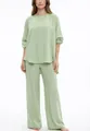 Elegante completo casual due pezzi verde chiaro in tessuto testurizzato da donna - Taglia S / Top e Pantaloni / Verde