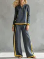 Stylish grey and yellow two-piece fashion set with contrast patchwork and wide-leg trousers - S / Top And Bottom / Grey Blue