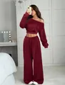 Burgundy off-shoulder long sleeve crop top and matching wide leg sweatpants for women - S / Top And Bottom / Burgundy