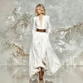 Elegante vestido largo blanco de manga larga con cinturón de cuero marrón para otoño e invierno - XS / Vestidos / Blanco