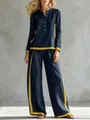 Stylish navy and yellow contrast two-piece set with wide-leg pants and button top - S / Top And Bottom / Navy Blue