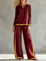 Two-piece burgundy loungewear set with yellow contrast side stripes and wide-leg trousers - Burgundy