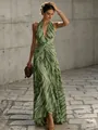 Elegante abito lungo allacciato al collo in stile francese con stampa zebra verde - Taglia S / Vestiti / Verde oliva