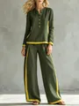 Fashionable two-piece set with green long sleeve tunic and yellow striped wide-leg trousers. - S / Top And Bottom / Army Green