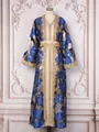 Detailed luxury blue and gold floral kaftan evening dress with heavy beadwork - Blue