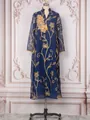 Elegante vestido largo azul marino con bordados florales dorados y detalles de lentejuelas - S / Vestidos / Azul