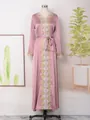 Full view of elegant dusty pink maxi dress showing intricate gold lace and rhinestone details - S / Dresses / Pink