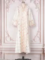 Elegant white V-neck long kaftan dress featuring colorful floral embroidery and sequins - S / Dresses / White
