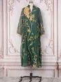 Elegante vestido largo verde oscuro con bordado floral dorado y detalle de borla refinada. - S / Vestidos / Verde Oscuro