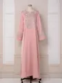 Robe abaya rose élégante à manches longues avec des détails de broderie argentée - S / Robes / Rose