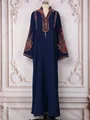 Full view of navy blue long-sleeve evening dress with intricate embroidery - S / Dresses / Dark Blue