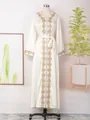 Detailed view of elegant off-white maxi dress with gold rhinestone embroidery - S / Dresses / White