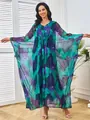 Elegante maxi kaftan jurk met abstracte groen-paarse print en getailleerde taille nu. - S / Dresses / Donkerblauwgroene Print