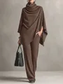 Elegant brown two-piece set featuring a draped poncho top and wide-leg knit pants - S / Top And Bottom / Light Coffee