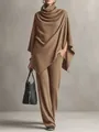 Elegant camel two-piece set with a draped poncho top and matching wide-leg trousers - S / Top And Bottom / Camel