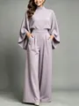 Detailed view of lavender turtleneck top and matching wide-leg trousers set - S / Top And Bottom / Taro Purple