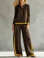 Detailed view of women's brown and yellow contrast wide-leg pant set with button top. - Dark Coffee