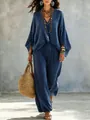 Bohemian dark blue polka dot two-piece outfit set with batwing top and wide leg pants - S / Top And Bottom / Navy Blue