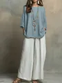 Elegante conjunto bohemio de dos piezas con top azul holgado y pantalón blanco ancho - XS / Top Y Pantalón / Azul claro