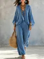 Bohemian blue polka dot two-piece set with batwing top and loose trousers - S / Top And Bottom / Denim Blue