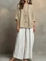 Conjunto bohemio de dos piezas con top caqui suelto y pantalones anchos blancos para vacaciones - XS / Top Y Pantalón / Caqui
