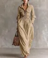 Elegante Franse kaki maxi-jurk met een kraag met ritssluiting en een elastische tailleband - XS / Dresses / Khaki